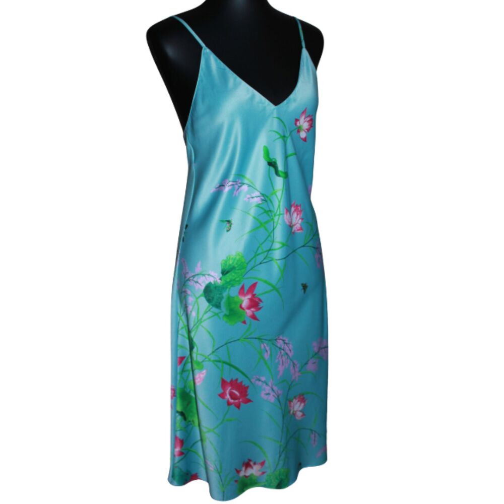 Natori Blue Floral Satin Slip Dress V Neck Midi S